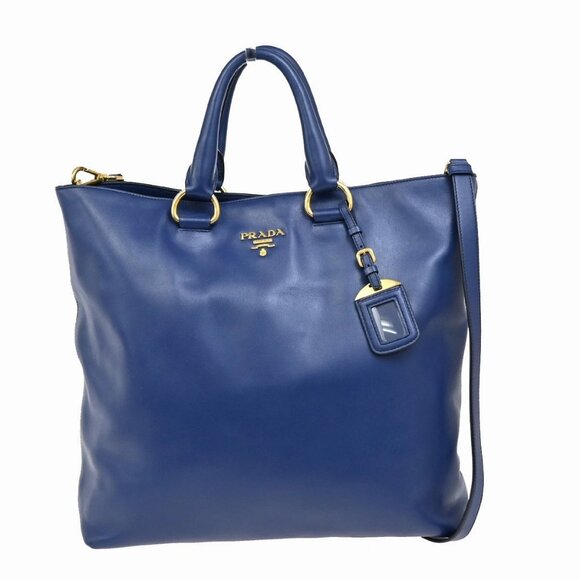PRADA MILNO Logo 2Way Shoulder Tote Bag Leather Blue Gold-Plated 70KA763 - Picture 1 of 16